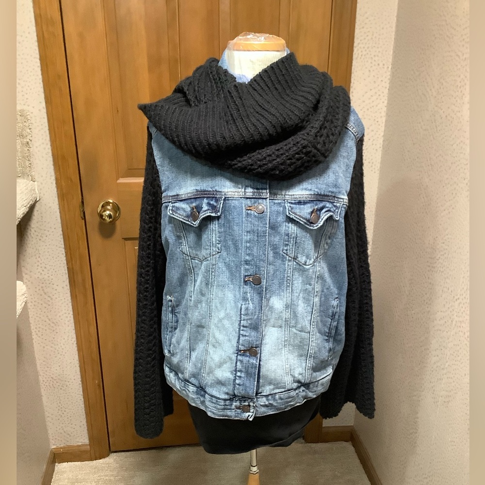 Hippie Laundry upcycled Denim Jacket with Black Knit sleeves and scarf. - Picture 2 of 10